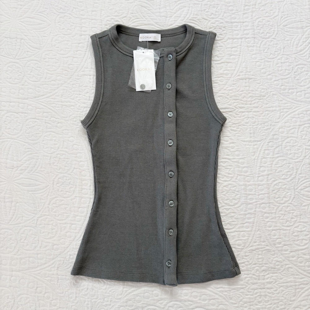 Kookai Bec Button Ribbed Tank, Agave Green